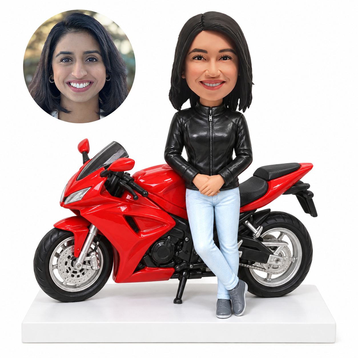 custom bobblehead figure female rider standing beside a red sport motorcycle