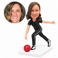 custom bobblehead figure female bowler in a low-arm follow-through pose