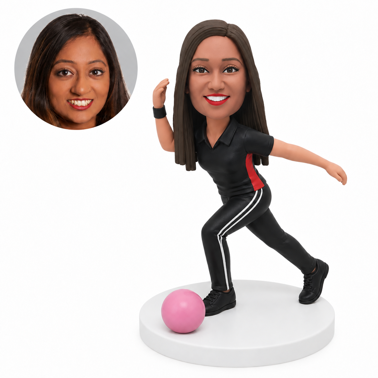 custom bobblehead figure female bowler in a raised-arm follow-through pose