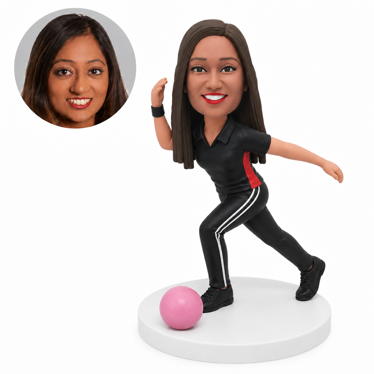 custom bobblehead figure female bowler in a raised-arm follow-through pose