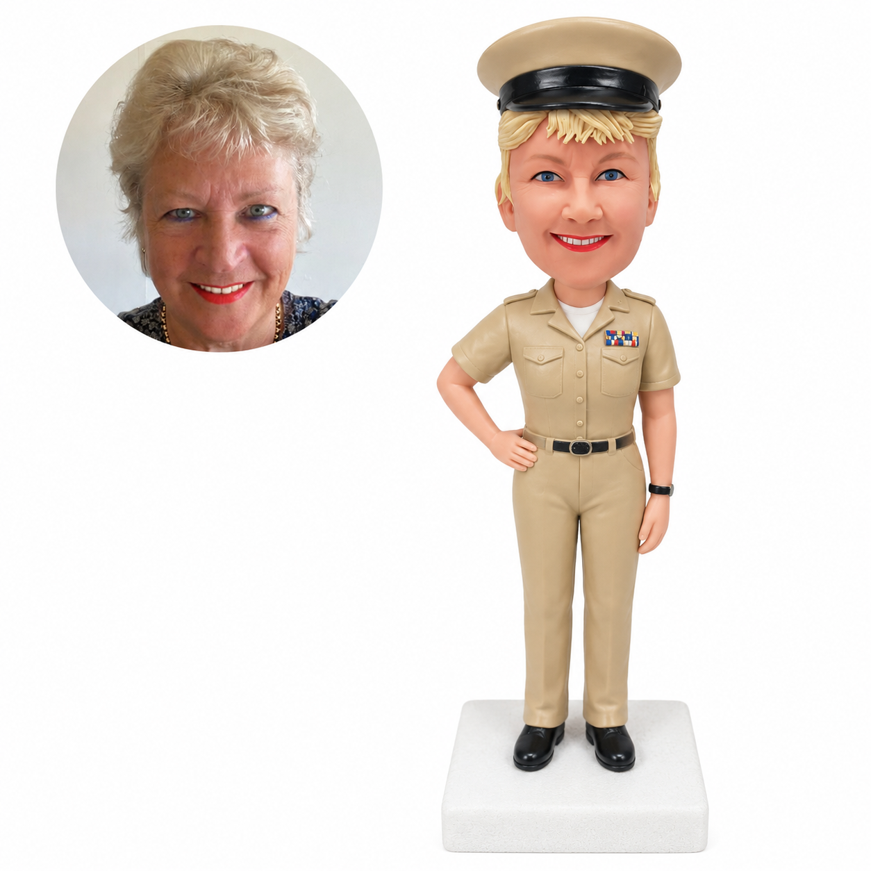 custom bobblehead figure female naval officer in a short-sleeved khaki uniform