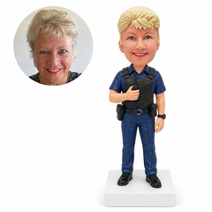 custom bobblehead figure female police officer in a protective vest holding a radio