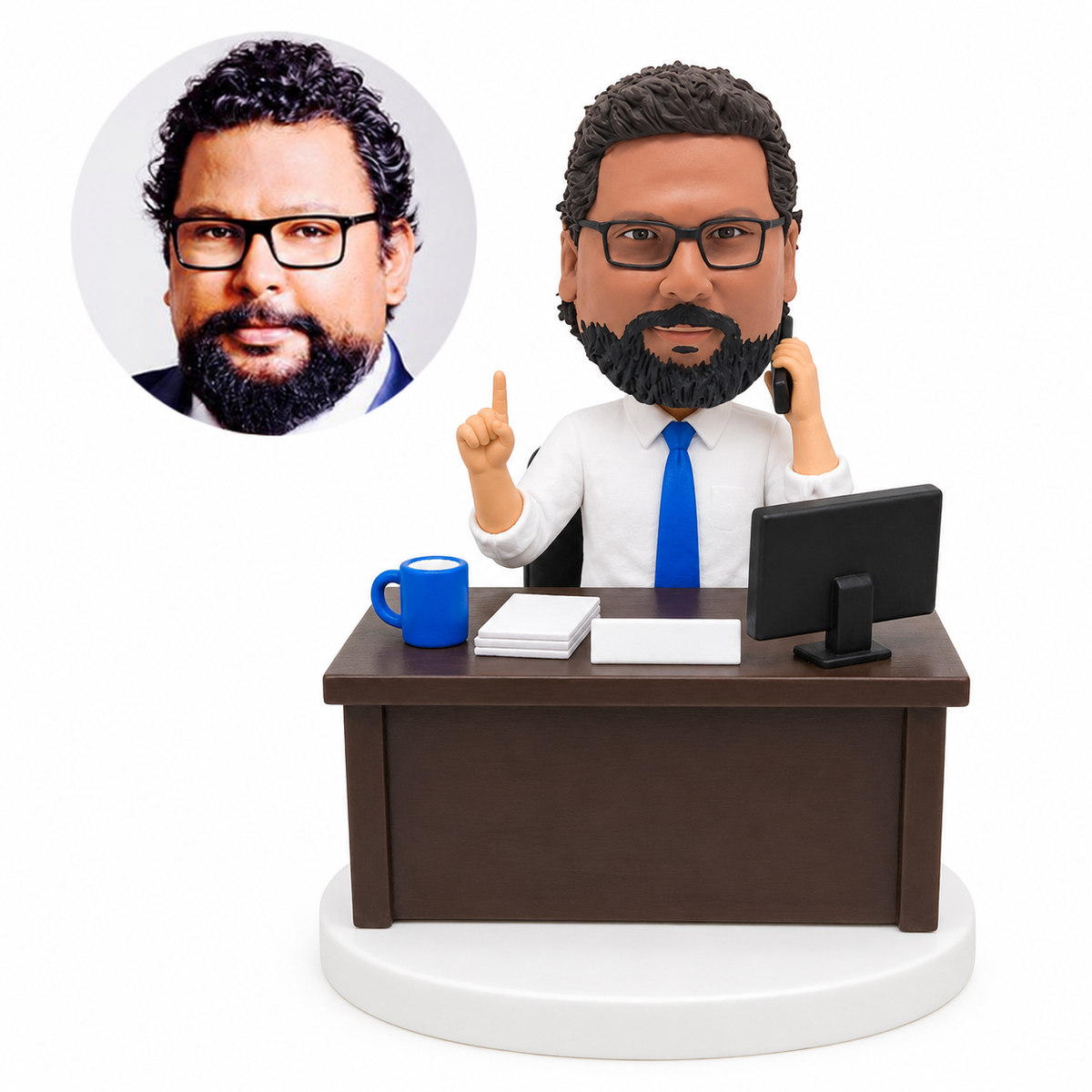 custom bobblehead figure male boss on a phone call behind a computer desk