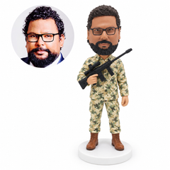 custom bobblehead figure soldier in camouflage holding a scoped rifle with one hand