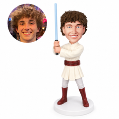 custom bobblehead figure young space knight in a white tunic holding a light sword upright
