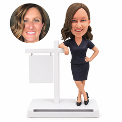custom bobblehead figure female real estate agent in a short-sleeved skirt outfit with a business card stand