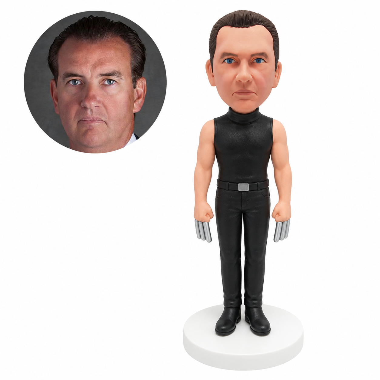 custom bobblehead figure male clawed hero standing in a black sleeveless outfit