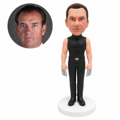 custom bobblehead figure male clawed hero standing in a black sleeveless outfit