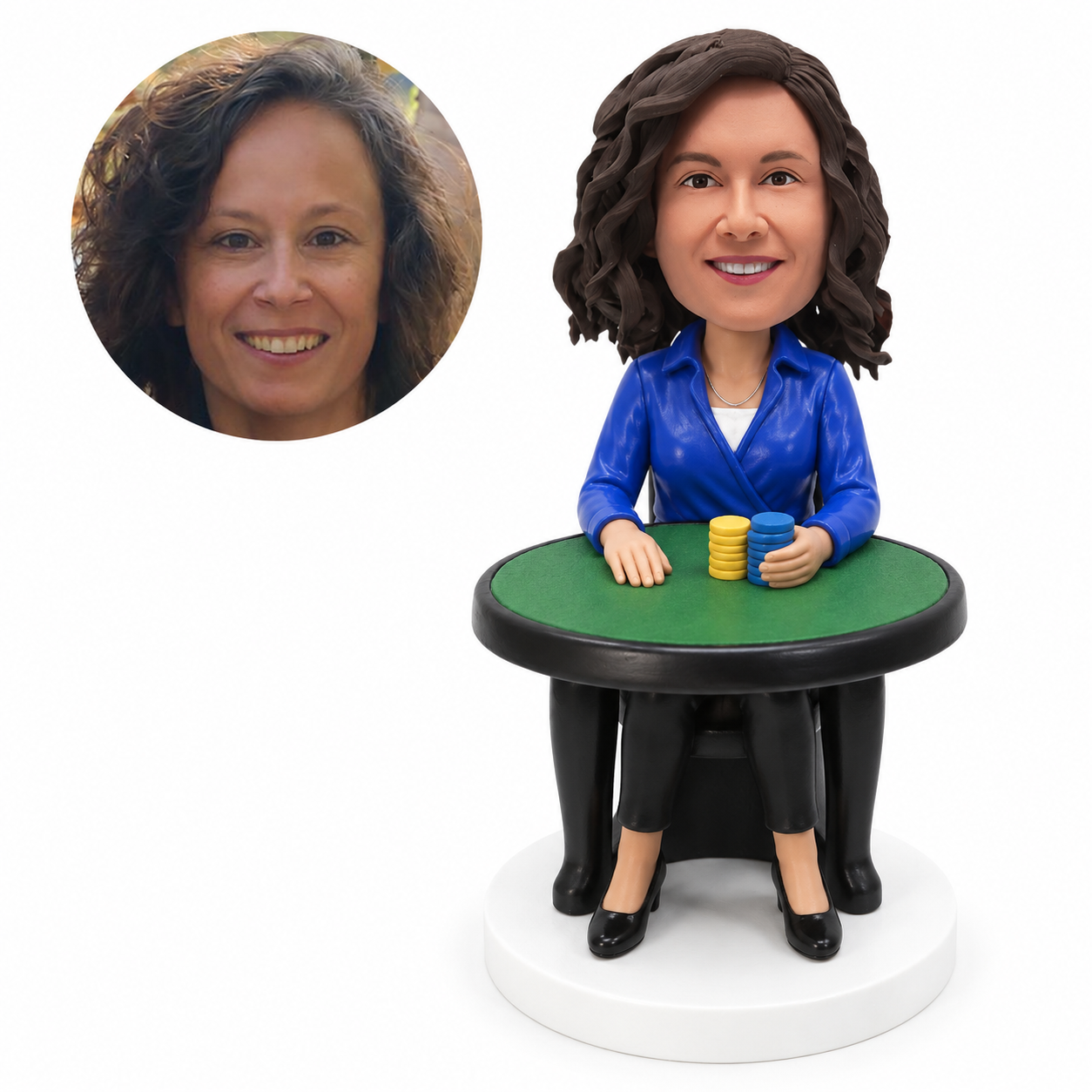 custom bobblehead figure female card player seated at a round table with chips