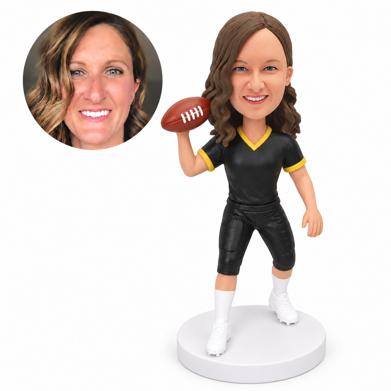 custom bobblehead figure female football player holding the ball beside her shoulder