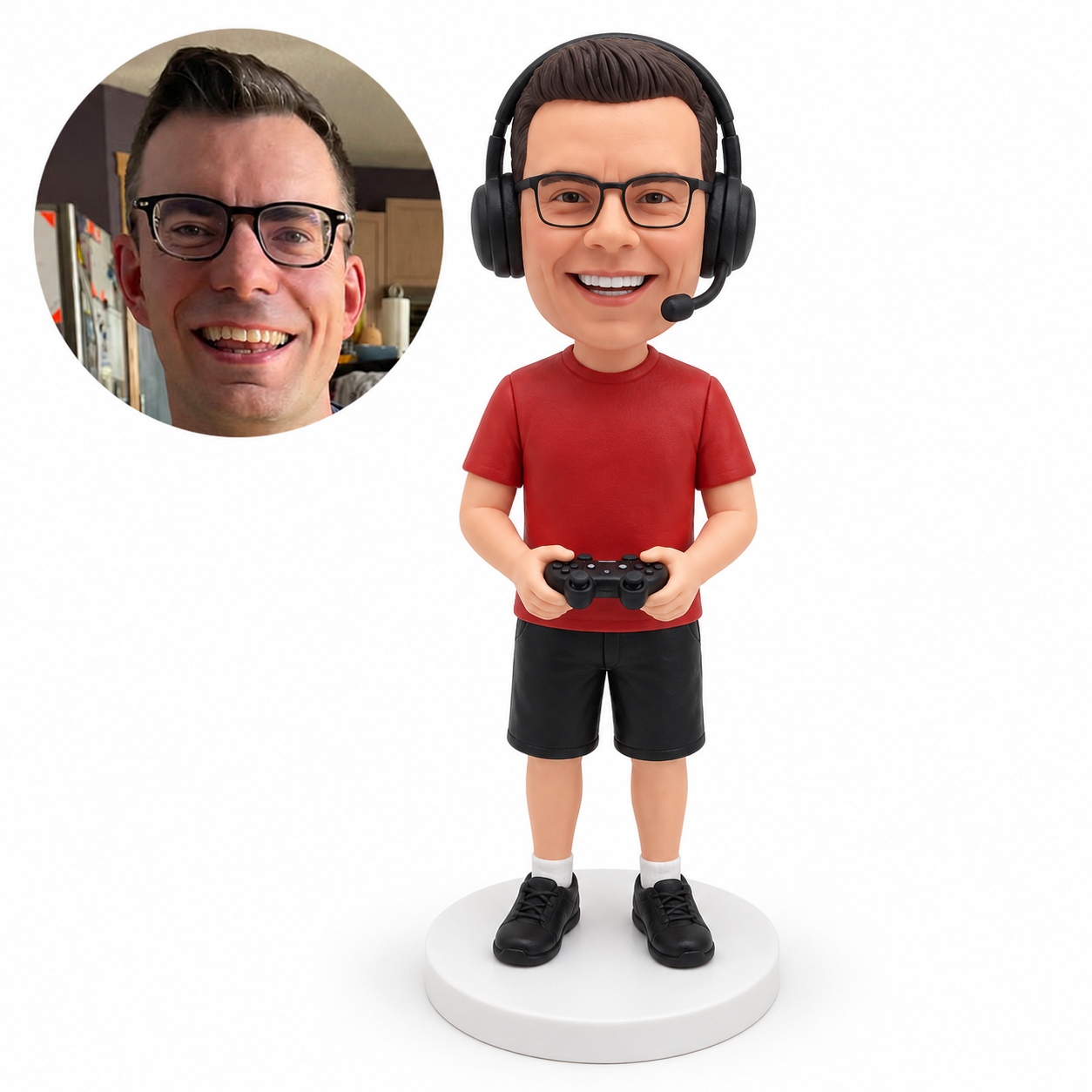 custom bobblehead figure male gamer in shorts holding a gamepad with both hands and wearing a headset