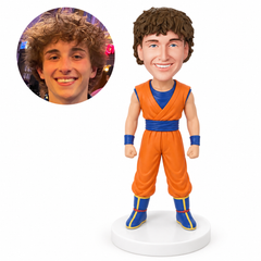 custom bobblehead figure male martial arts hero in an orange sleeveless outfit with a blue sash