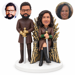 custom bobblehead figures medieval couple with a seated queen on a sword-shaped throne