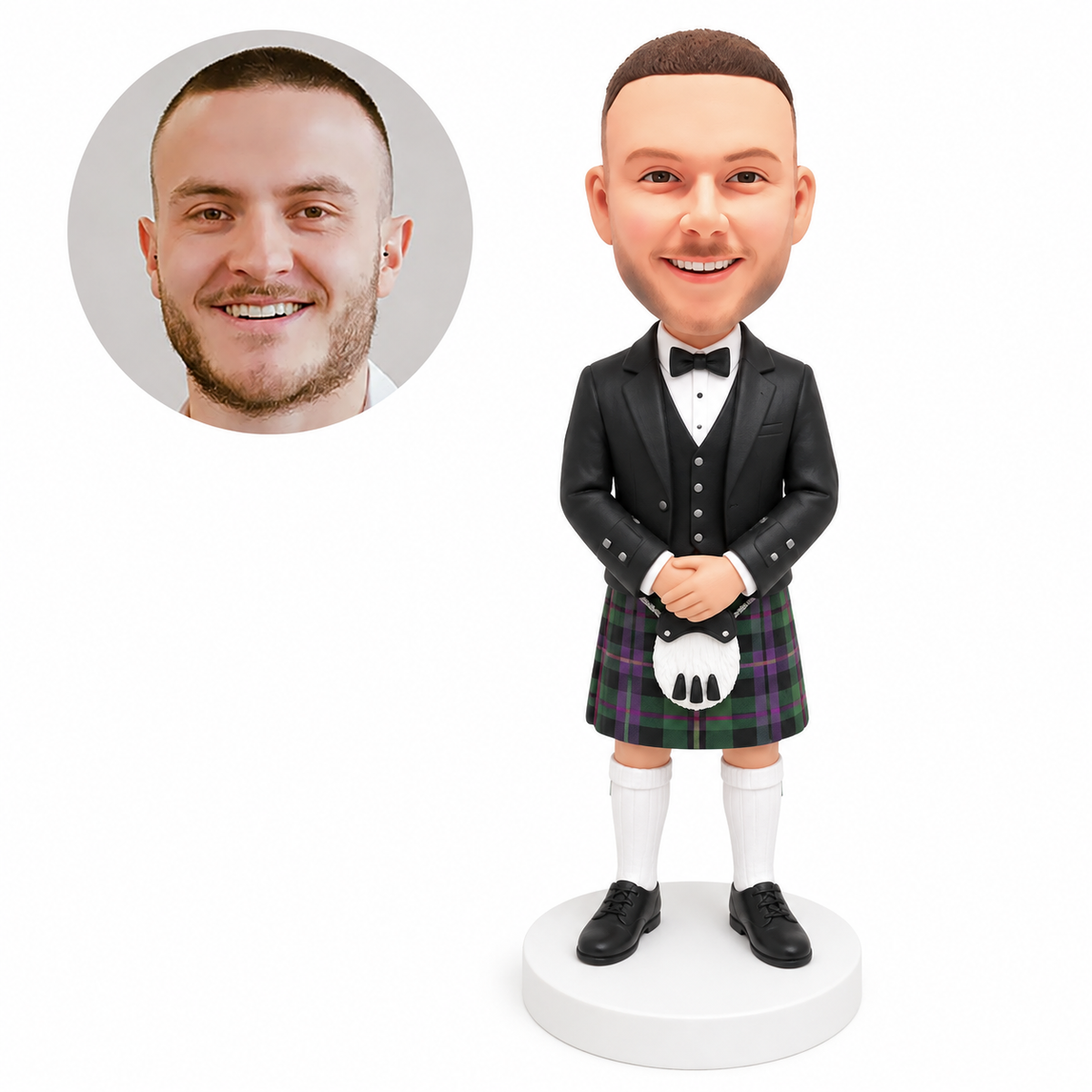 custom bobblehead figure man in a formal jacket and tartan kilt with his hands clasped