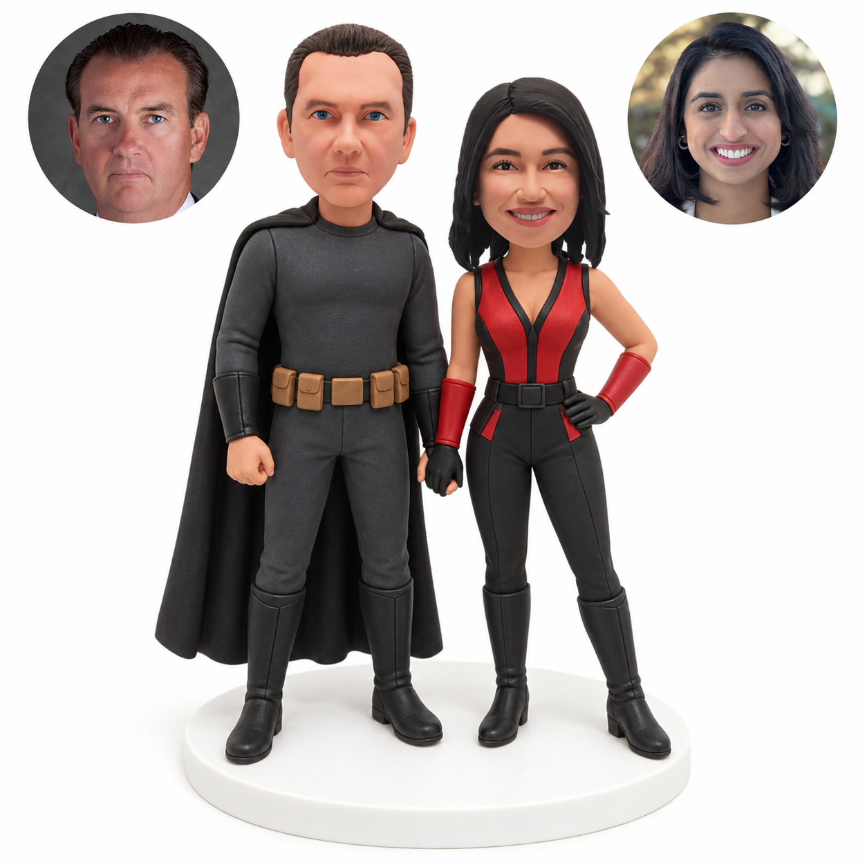 custom bobblehead figures costume couple with a caped man and a woman in a red-and-black vest