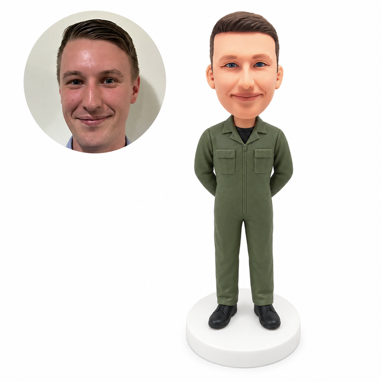 custom bobblehead figure man in a flight suit with his hands behind his back