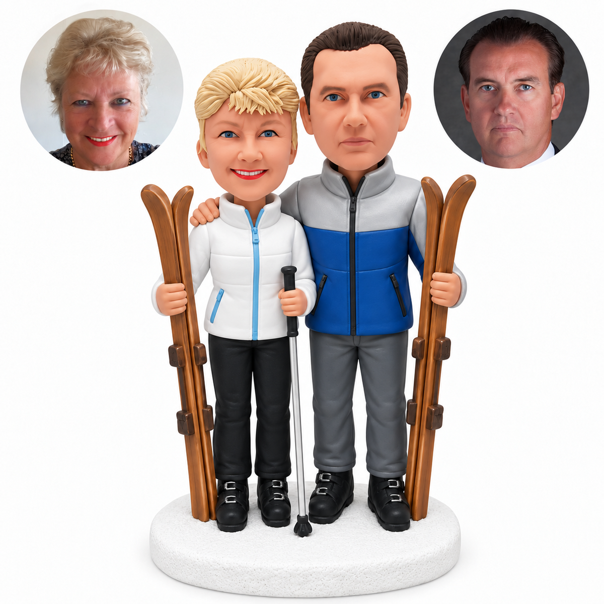 custom bobblehead figures ski couple carrying two pairs of wooden skis and a pole