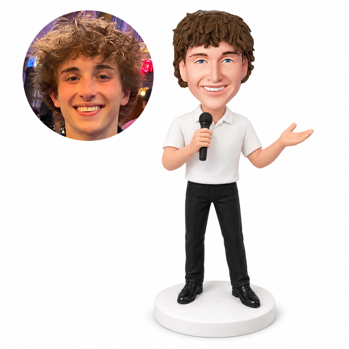 custom bobblehead figure male singer in a polo shirt holding a microphone with an open palm