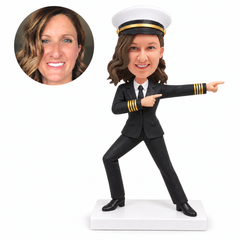 custom bobblehead figure female airline captain in a wide dancing pose