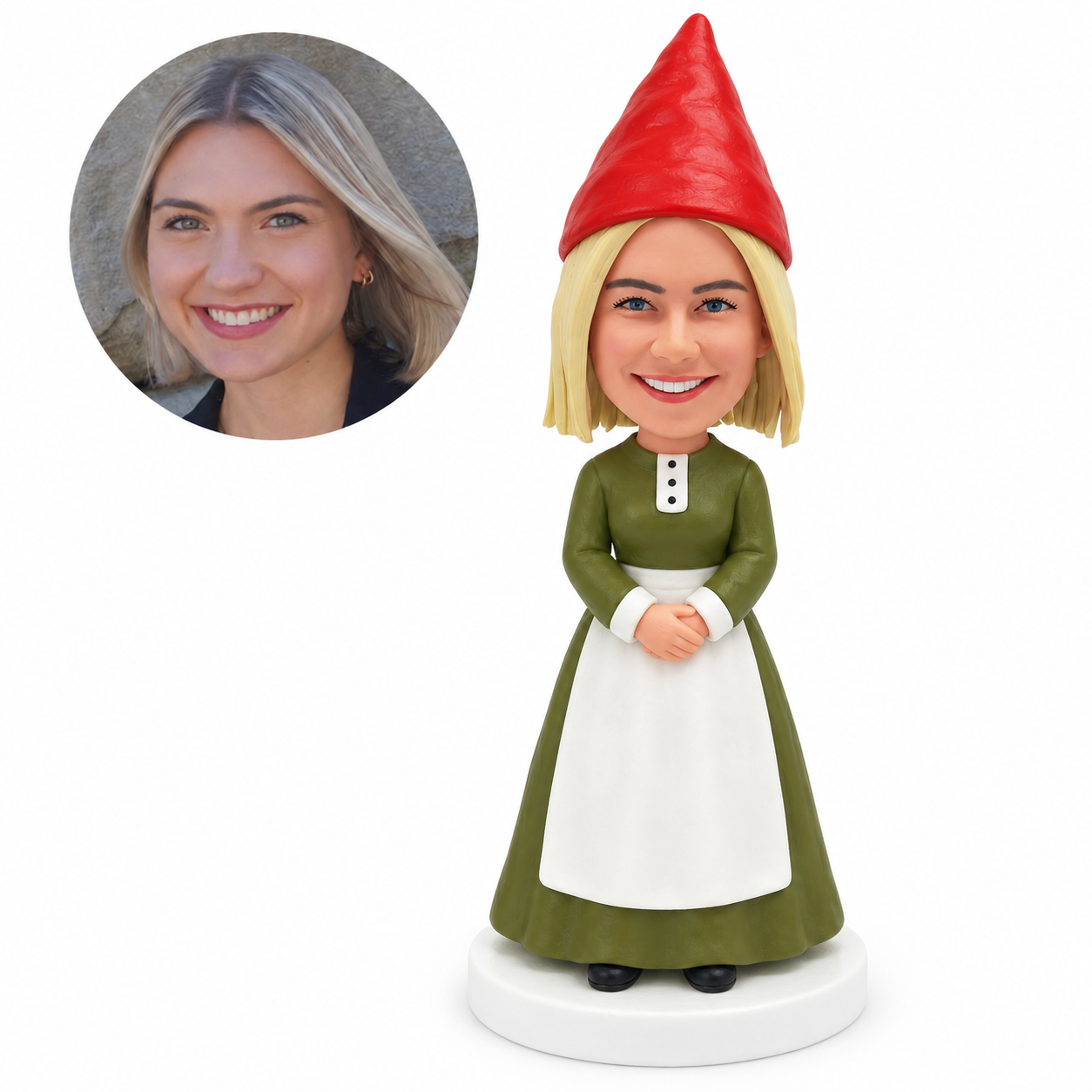 custom bobblehead figure female garden gnome in a long dress and apron with clasped hands