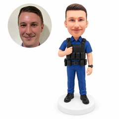 custom bobblehead figure male police officer in a protective vest holding a radio