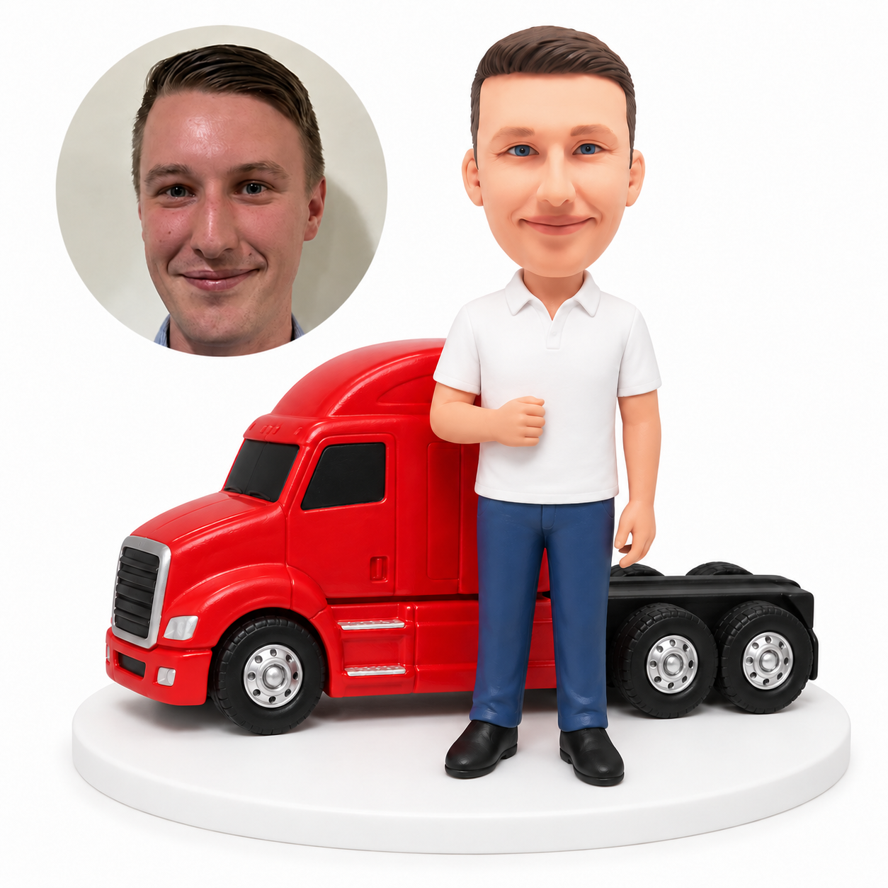 custom bobblehead figure truck driver standing beside a red tractor truck