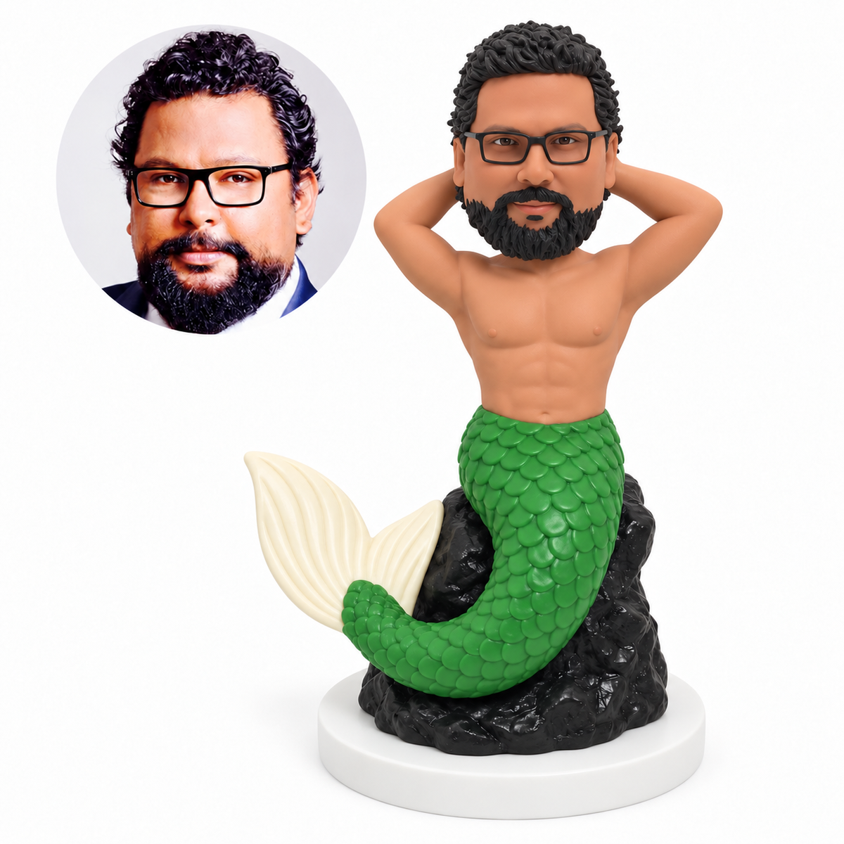 custom bobblehead figure merman seated on a rock with both hands behind his head