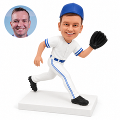 custom bobblehead figure male baseball outfielder striding sideways with a raised glove