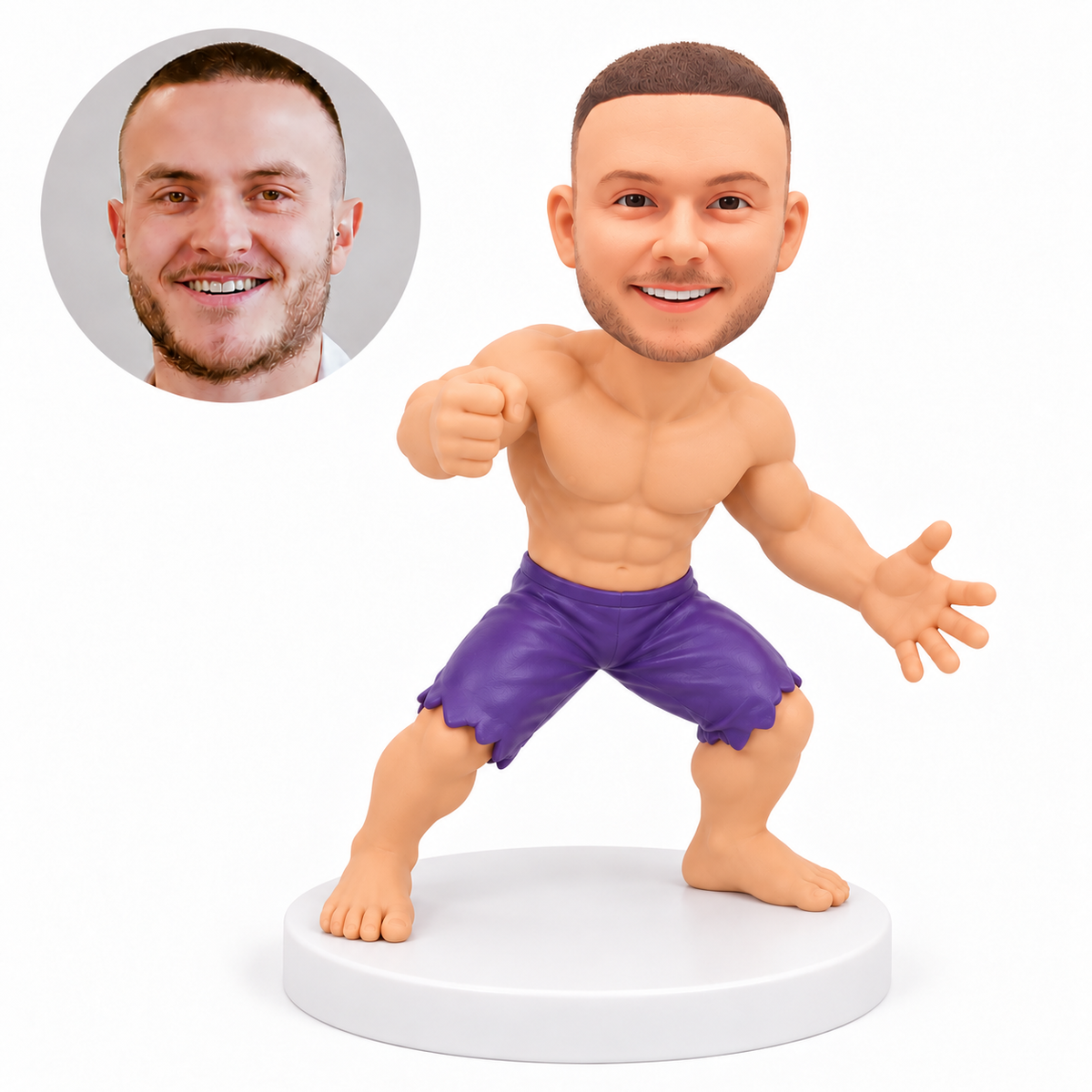 custom bobblehead figure muscular man in torn shorts with one fist forward and one open hand