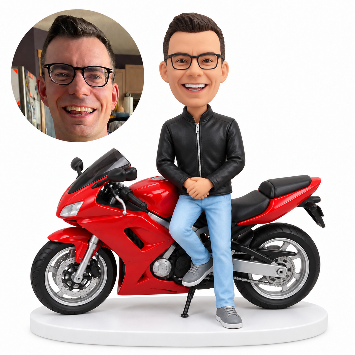 custom bobblehead figure male rider leaning beside a red sport motorcycle