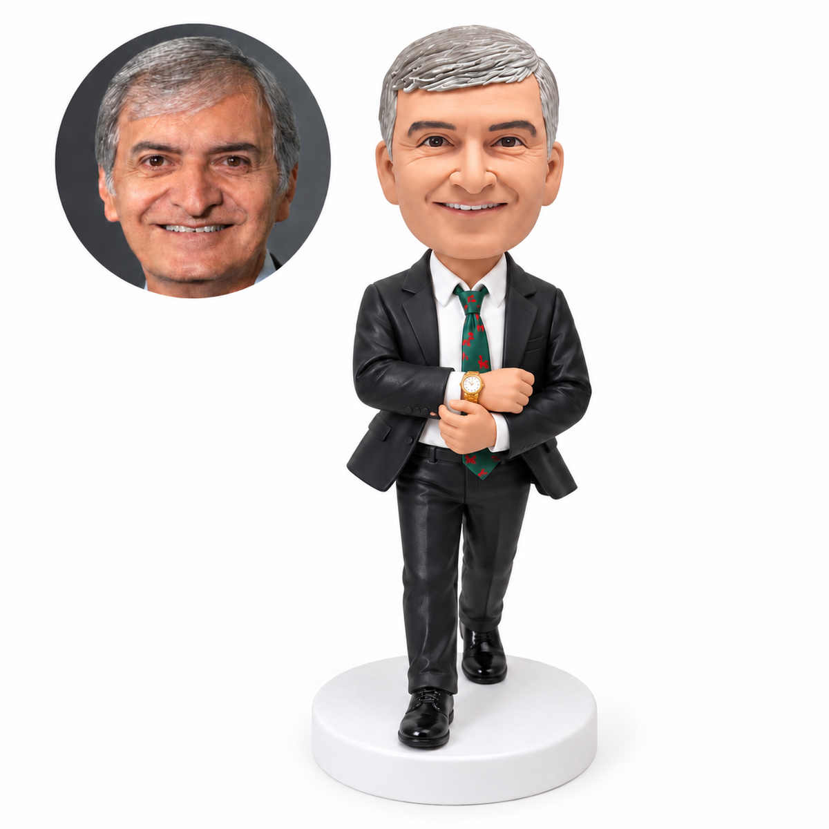 custom bobblehead figure man in a suit stepping forward while adjusting his cuff