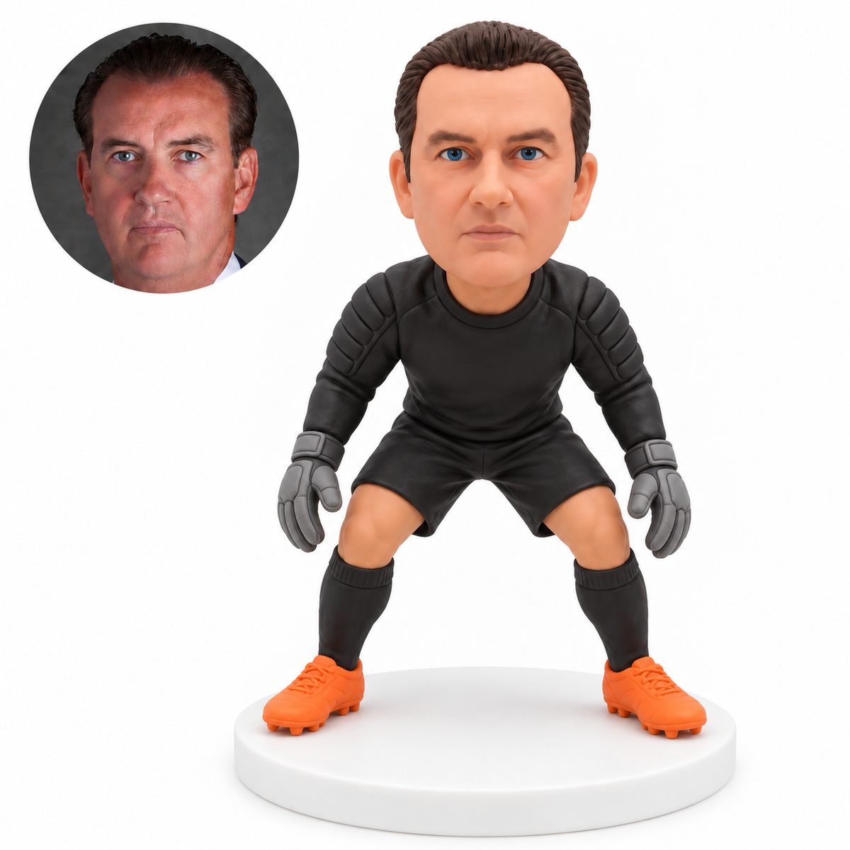 custom bobblehead figure male soccer goalkeeper crouching with both empty gloves down