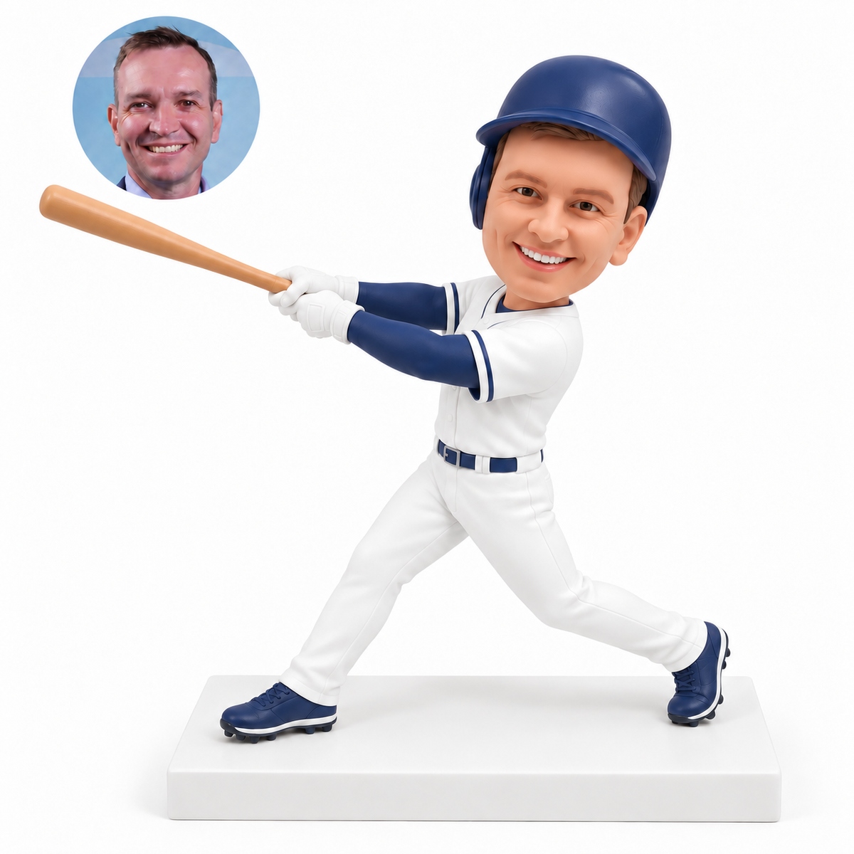 custom bobblehead figure adult baseball batter extending both arms after a swing