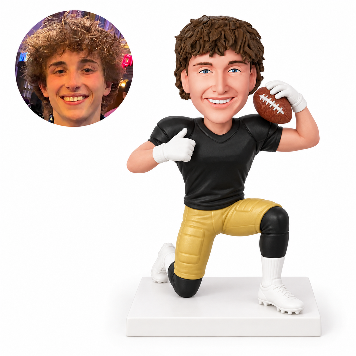 custom bobblehead figure male football player kneeling with the ball beside his shoulder
