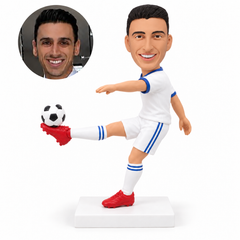 custom bobblehead figure male soccer player lifting a ball on his raised foot