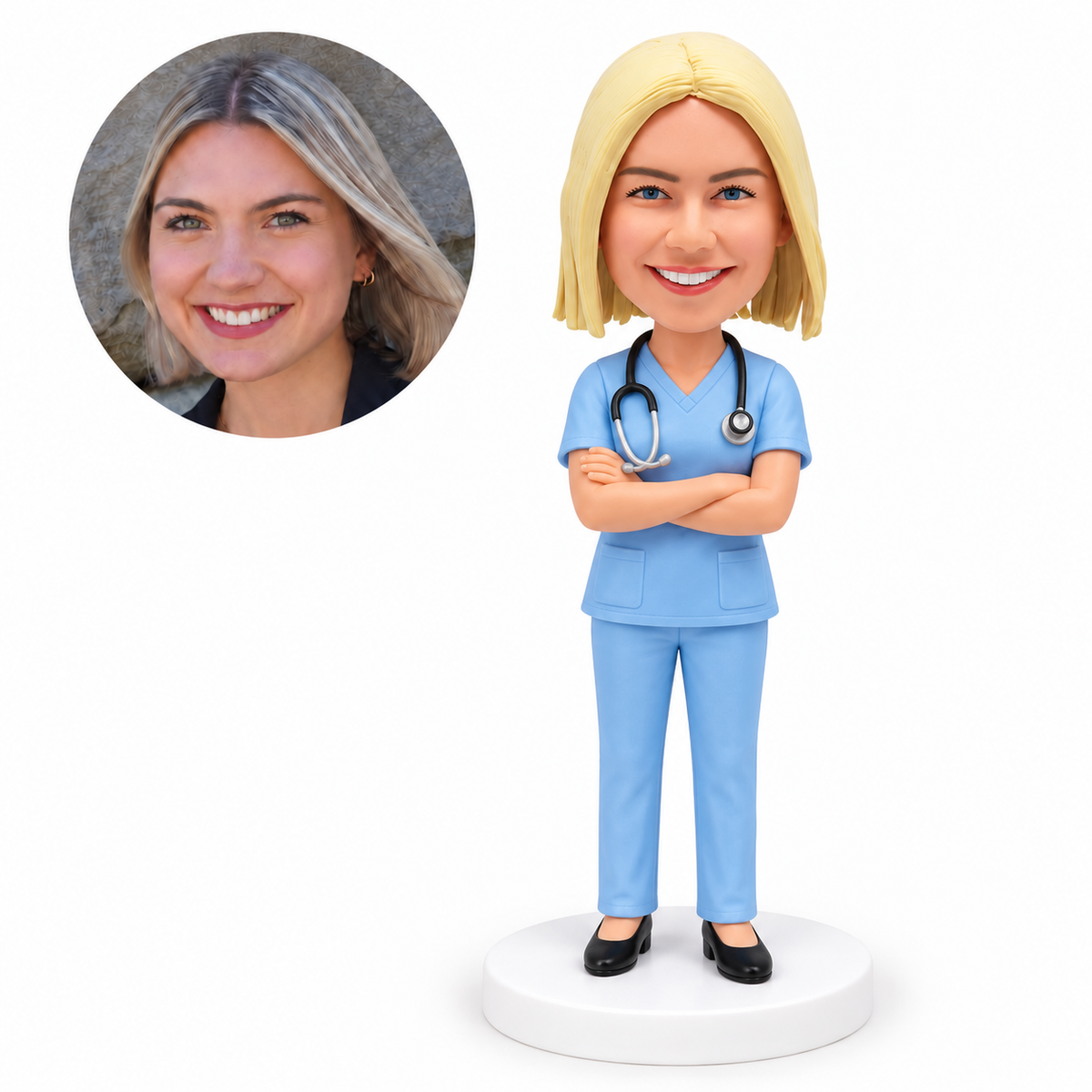 custom bobblehead figure female medical professional in scrubs with crossed arms