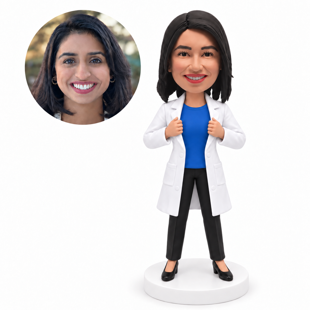 custom bobblehead figure female doctor opening her lab coat over a plain shirt