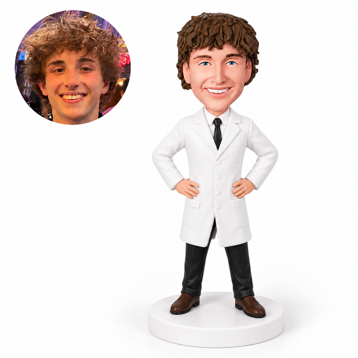 custom bobblehead figure male doctor in a closed lab coat with both hands on his hips