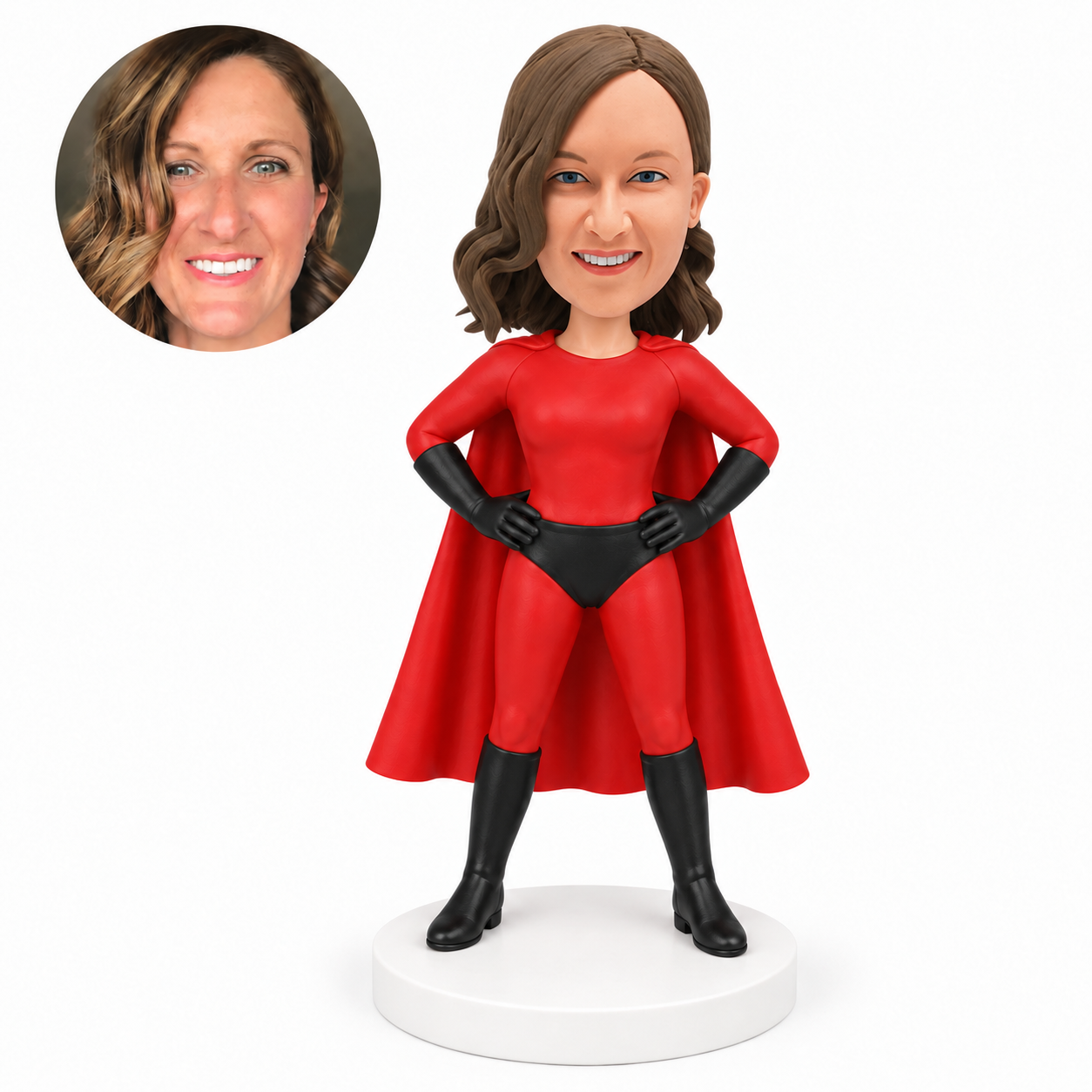 custom bobblehead figure woman in a full superhero suit and cape with both hands on her hips
