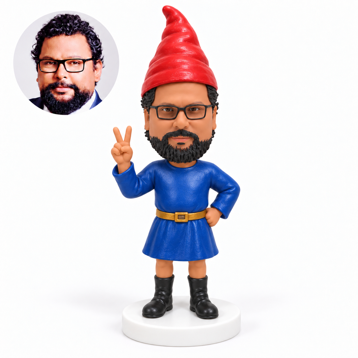 custom bobblehead figure male gnome in a tunic making a peace sign