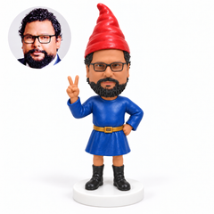 custom bobblehead figure male gnome in a tunic making a peace sign