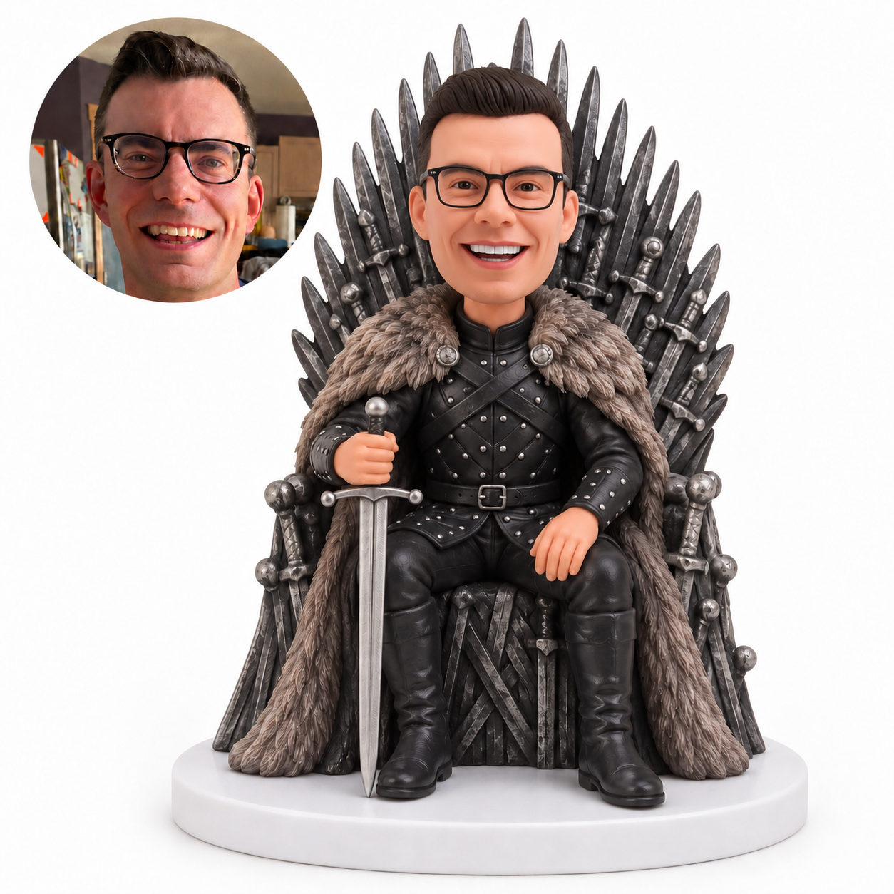 custom bobblehead figure man in black armor seated on a throne holding a sword