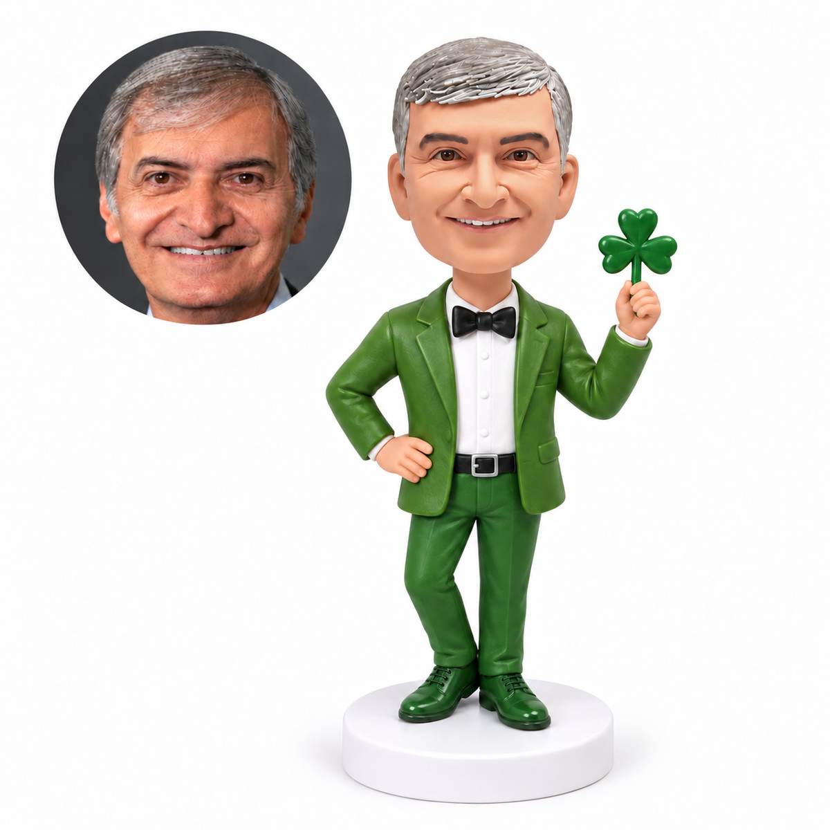 custom bobblehead figure man in a leprechaun outfit holding a shamrock
