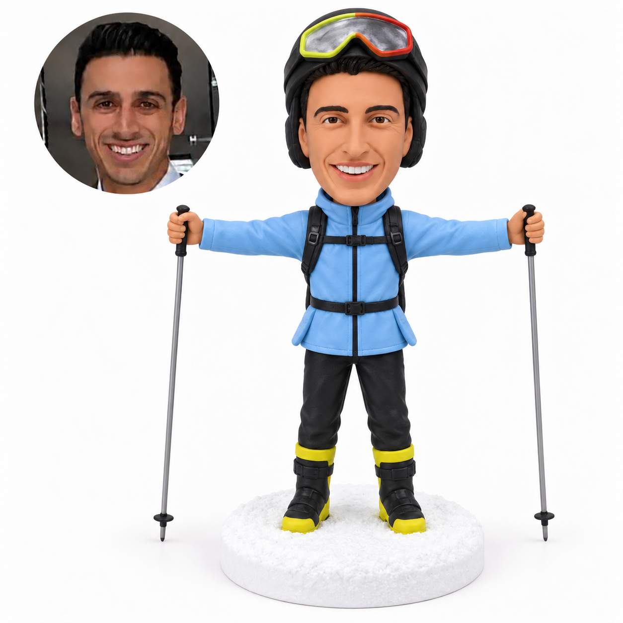 custom bobblehead figure male skier with both arms extended holding two ski poles