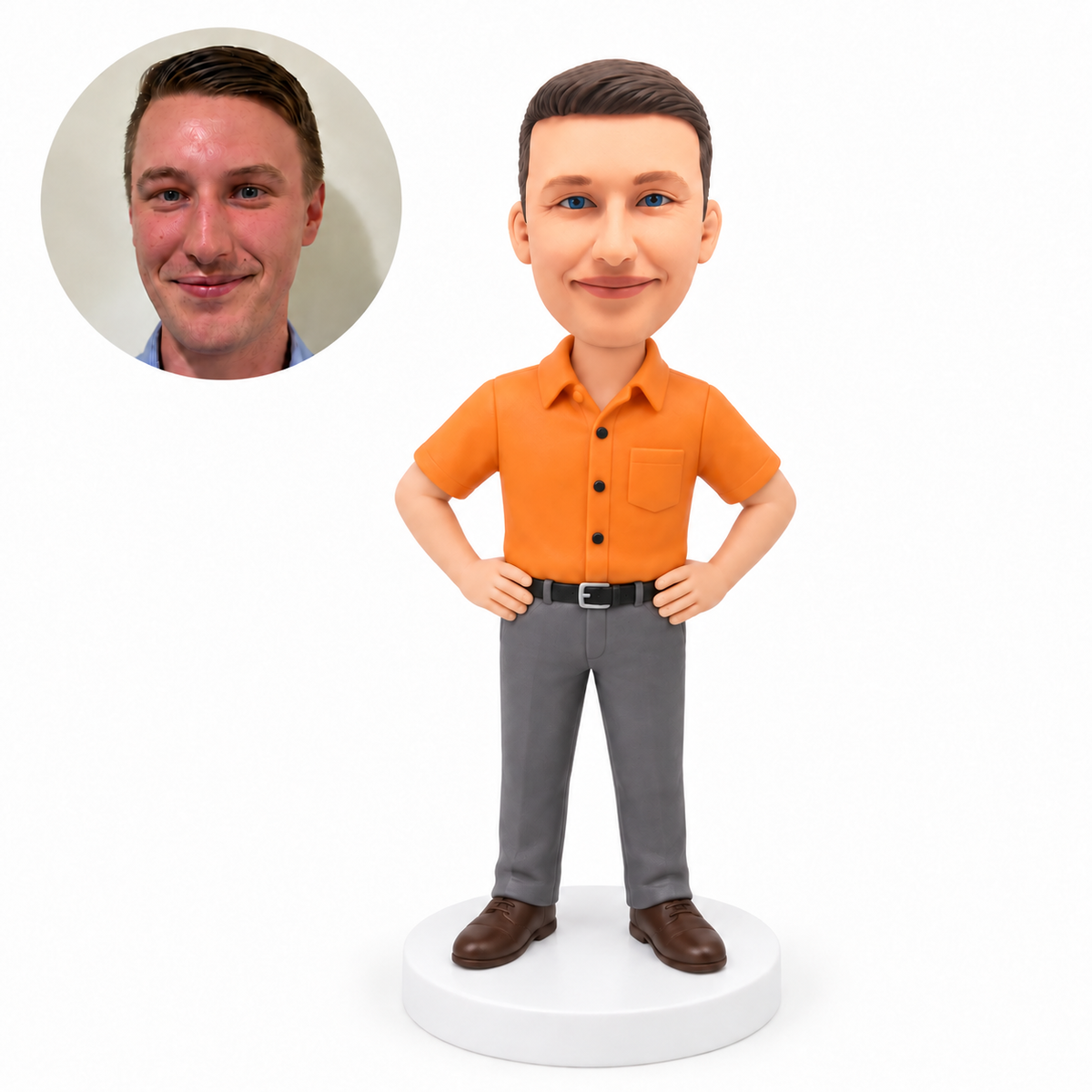 custom bobblehead figure man in a short-sleeve collared shirt with both hands on his hips
