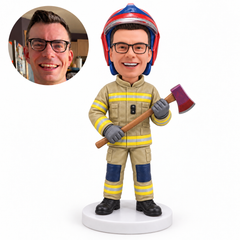 custom bobblehead figure firefighter in a helmet holding an axe with both hands