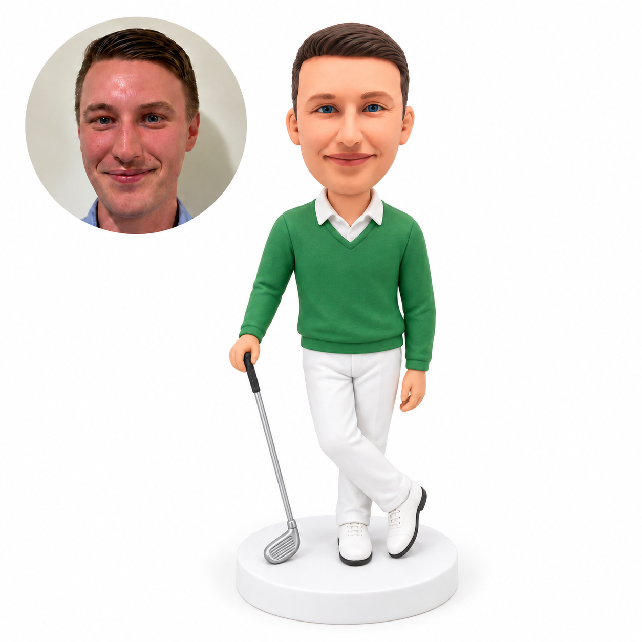 custom bobblehead figure male golfer in a sweater with crossed ankles holding a club at his side