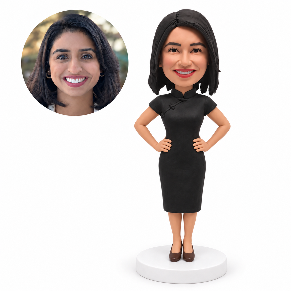 custom bobblehead figure woman in a cap-sleeve cheongsam dress with both hands on her hips