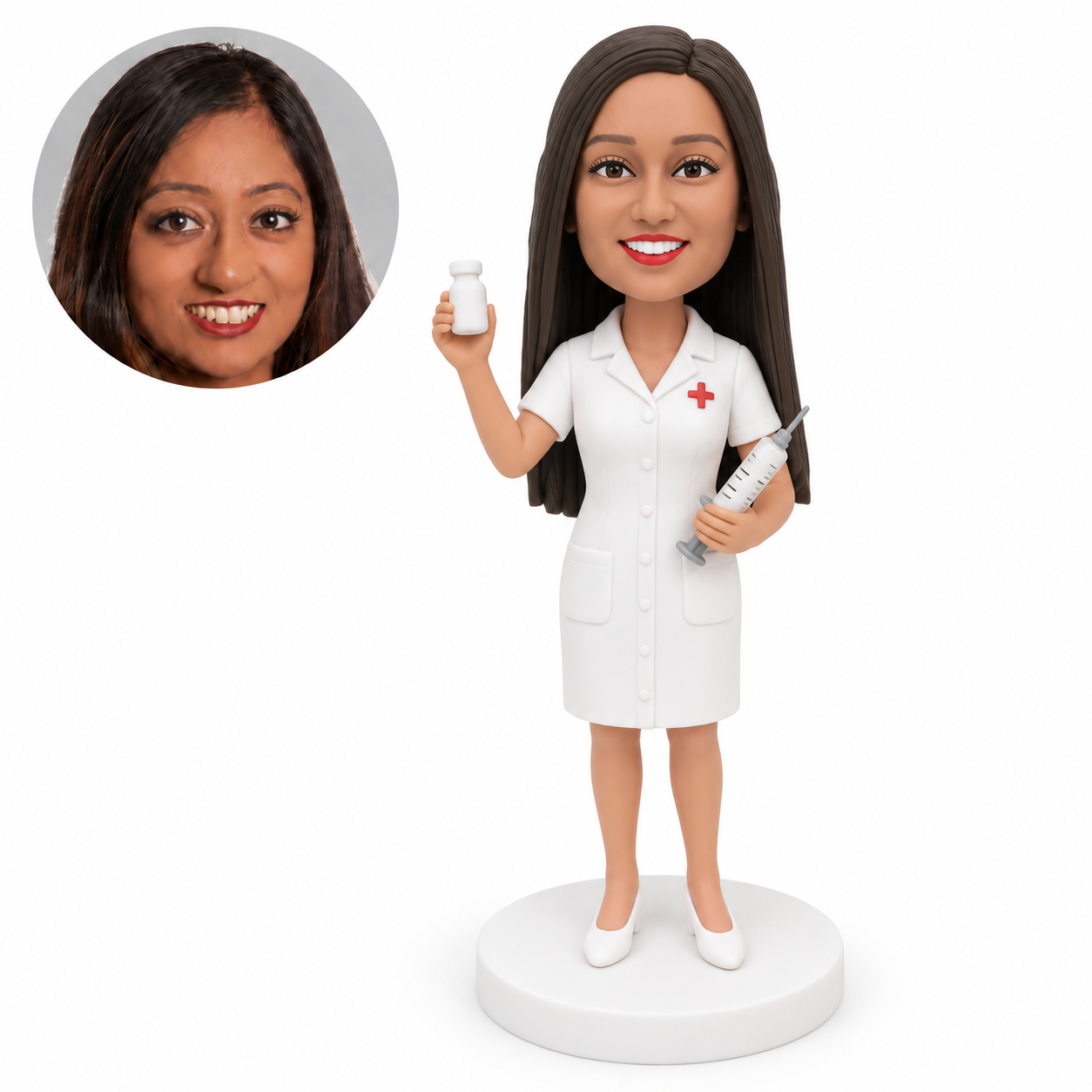 custom bobblehead figure female nurse in a dress holding a large syringe and a small medicine vial