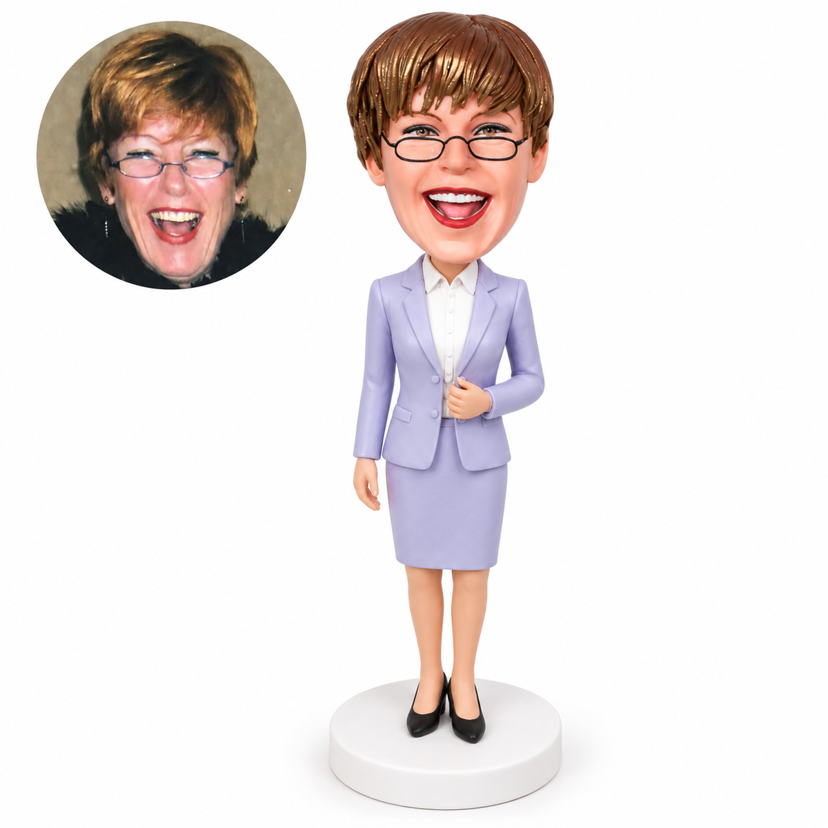 custom bobblehead figure woman in a skirt suit adjusting her jacket with one hand